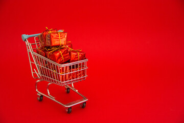 Cart, Chrismas, gifts red background Happy New Year

