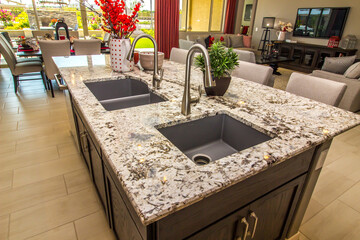 Kitchen Island With Decorator Items & Two Stainless Steel Sinks