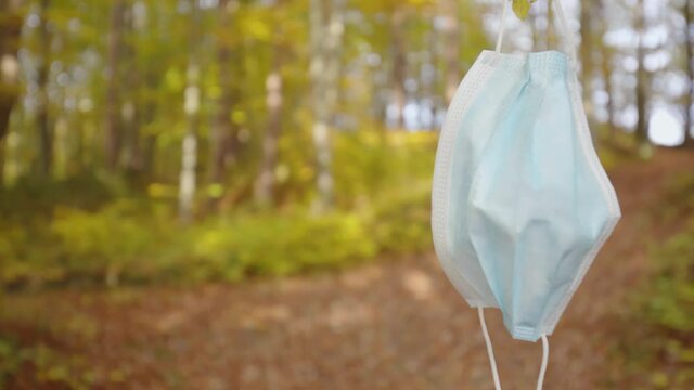 Beautiful autumn forest refocus to disposed face mask hanging on tree 4K