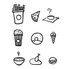 hand drawn Set of Foods, Drinks Related Vector Line Icons in doodle style vector