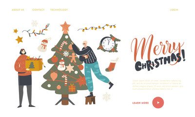 Characters Prepare for New Year or Xmas Winter Season Holidays Celebration Landing Page Template. Christmas Decoration