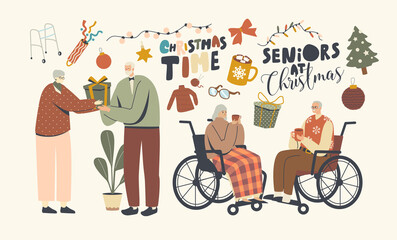 Senior Male Female Characters Celebrate Christmas Greeting and Congratulating Each Other. Aged Men and Women Celebration