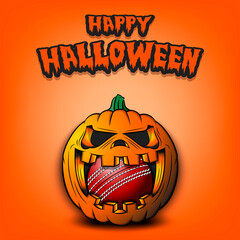 Happy Halloween. Cricket ball inside frightening pumpkin. The pumpkin swallowed the ball with burning eyes. Design template for banner, poster, greeting card, party invitation. Vector illustration