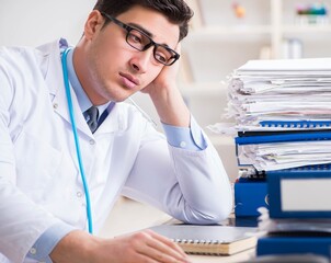 Busy doctor with too much work in hospital