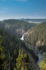 Distant view of Upper Falls waterfall in Grand Canyon of the Yellowstone National Park USA