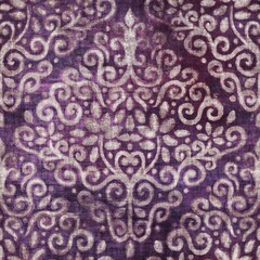 Luxury purple and tan damask seamless pattern. High quality illustration. Mysterious and luxurious grape and beige colored ornamental textured pattern swatch. Fancy and glamorous romantic design.