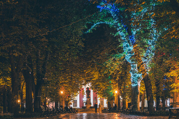 ODESSA, UKRAINE - OCTOBER 12, 2020: Odessa Sights, Monument to Poet Pushkin, night view.