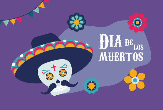 dia de los muertos poster with mariachi skull and flowers