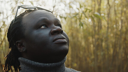 Portrait of young african man in the woods looking up into the sky. Sunrays coming through trees. High quality photo