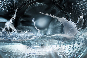 Washing machine drum with water, closeup view
