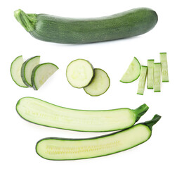 Set of fresh ripe zucchinis on white background