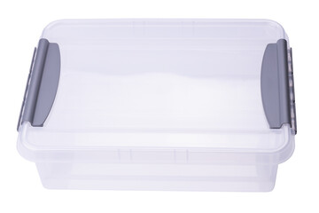 transparent plastic storage container isolated on a white background. moving box cut out. studio shot