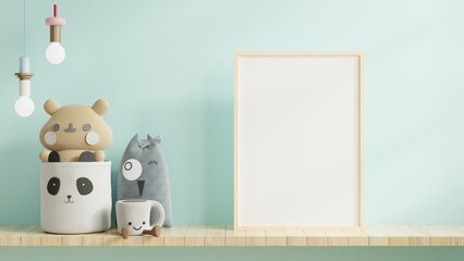 Mock up posters in child room interior, posters on empty Light blue wall background.