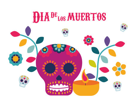 dia de los muertos poster with purple skull and candle in garden
