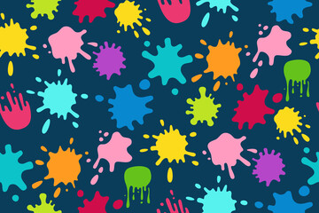 Paint splash colorful seamless pattern. Round ink flat splatter, decorative shapes liquids. Grunge splashes, drops, spatters cartoon background style. Holi spring festival. Vector illustration