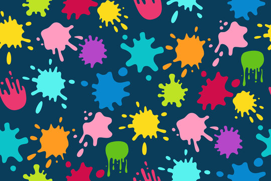 Paint splash colorful seamless pattern. Round ink flat splatter, decorative shapes liquids. Grunge splashes, drops, spatters cartoon background style. Holi spring festival. Vector illustration