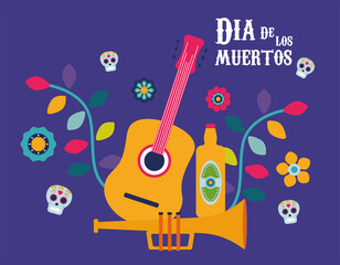 dia de los muertos poster with guitar and tequila in flowers