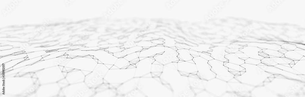 Poster futuristic white hexagon background. futuristic honeycomb concept. wave of particles. 3d rendering.