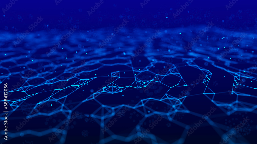 Poster futuristic blue hexagon background. futuristic honeycomb concept. wave of particles. 3d rendering.