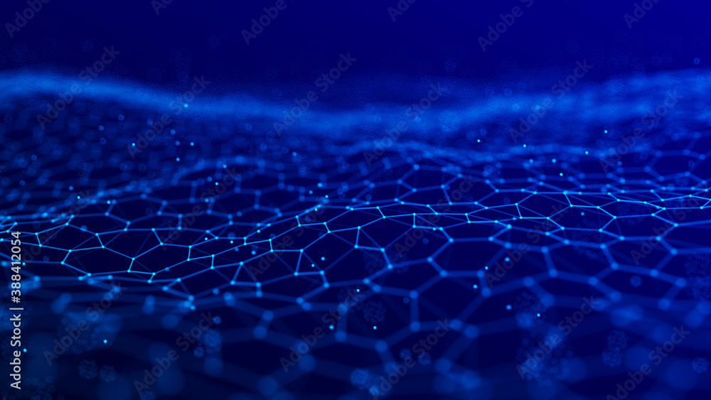Poster futuristic blue hexagon background. futuristic honeycomb concept. wave of particles. 3d rendering.