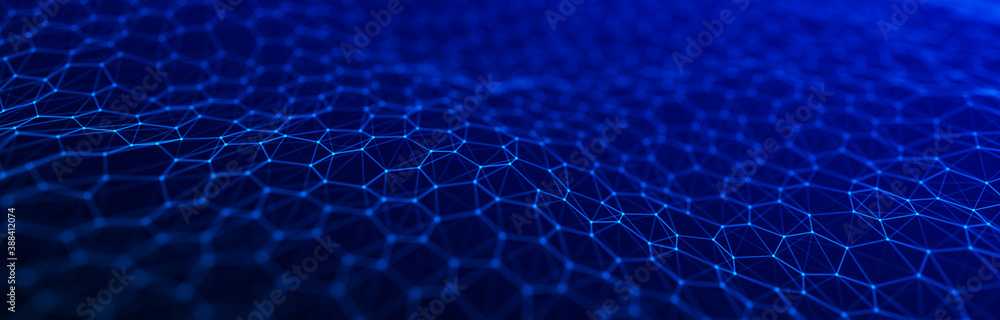 Poster futuristic blue hexagon background. futuristic honeycomb concept. wave of particles. 3d rendering.