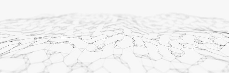 Futuristic white hexagon background. Futuristic honeycomb concept. Wave of particles. 3D rendering.