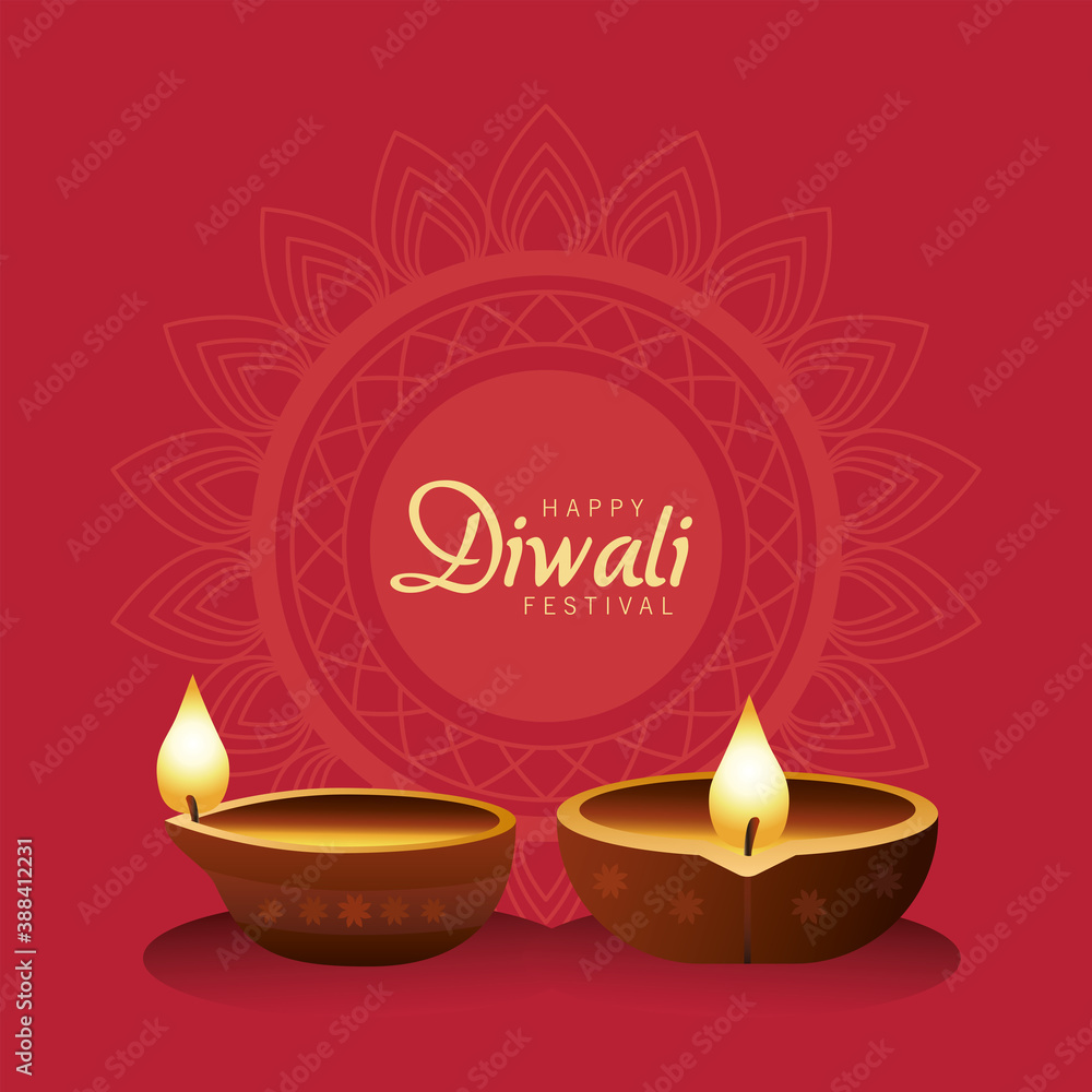 Wall mural happy diwali celebration with two candles wooden in red background