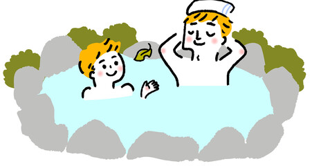 親子で温泉に入るイラスト Illustration of a father and a child entering a hot spring