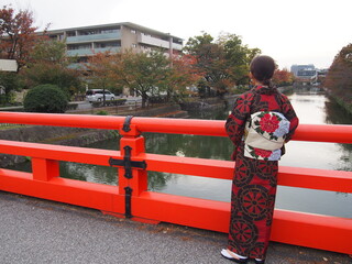 An Asian woman in a traditional Japanese kimono standing on a red bridge looking out at the river, Kyoto, Japan