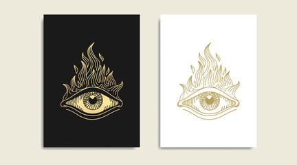 All seeing eye with fire, symbol of the Masons, fire and  gold logo, spiritual guidance tarot reader design. engraving, decorative illustration tattoo