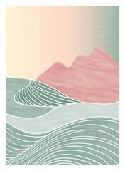 creative minimalist hand painted illustrations of Mid century modern. Natural abstract landscape background. mountain, forest, sea, sky, sun and river