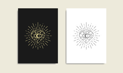 Eye of the stone heart, Magic heart and eye gold logo, spiritual guidance tarot reader design. decorative illustration tattoo