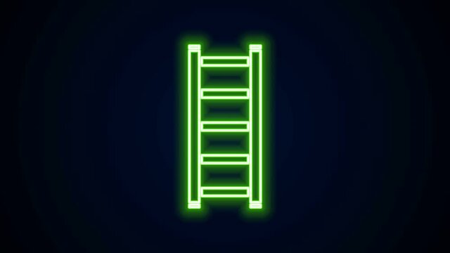 Glowing neon line Fire escape icon isolated on black background. Pompier ladder. Fireman scaling ladder with a pole. 4K Video motion graphic animation.