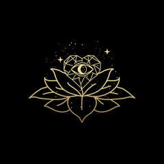 Eye of the stone heart with lotus, Magic heart, lotus and eye gold logo, spiritual guidance tarot reader design. decorative illustration tattoo