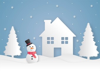 Merry christmas and happy new year paper cut card with snowman on blue background. vector illustration.