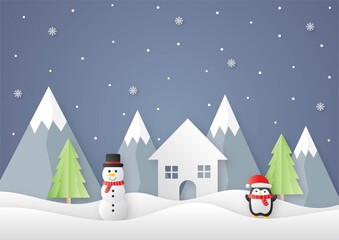 Merry christmas and happy new year paper cut card with snowman and penguins on blue background. vector illustration.