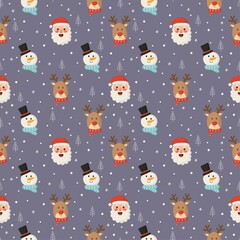 christmas characters seamless pattern on purple background. vector Illustration.