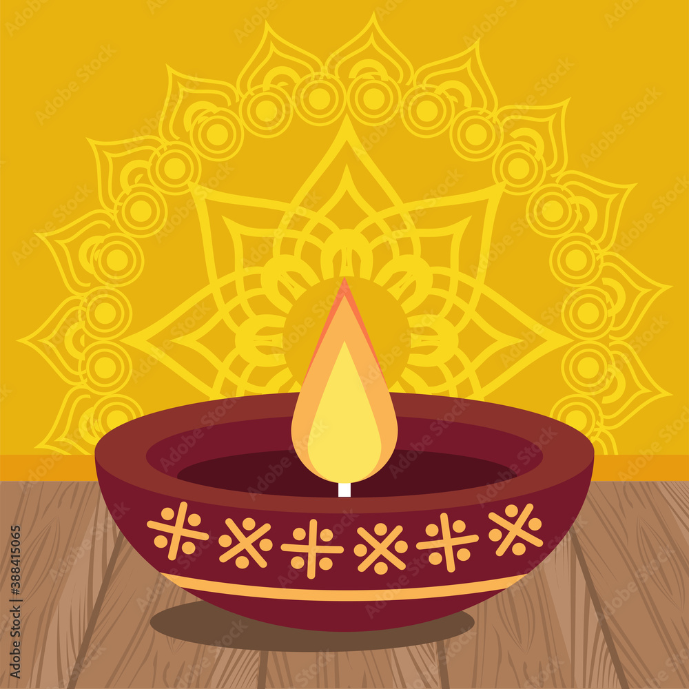 Wall mural happy diwali celebration with candle wooden in yellow background