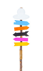 Colorful of wood labeled signs and arrows isolated on white background.