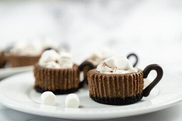 Mini chocolate cheesecake decorated with whipped cream and marshmallow like a hot cocoa drink