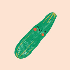 Cute flat single vegetable. Cartoon smiley cucumber. Healthy food.  hand drawn illustration on white background