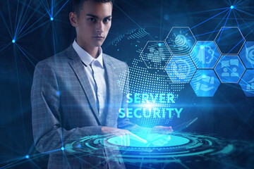 Business, technology, internet and network concept. Young businessman thinks over the steps for...