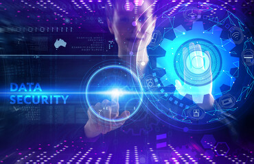 Business, technology, internet and network concept. Young businessman thinks over the steps for successful growth: Data security