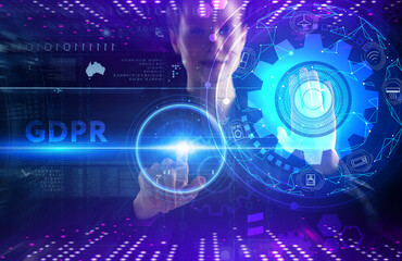 Business, technology, internet and network concept. Young businessman thinks over the steps for successful growth: GDPR