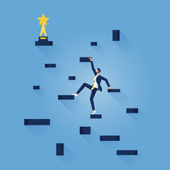Business success Concept-Businessman climbing the steps of success, Businessman climbing up Steps to take the trophy, Business progress and success concept - obrazy, fototapety, plakaty