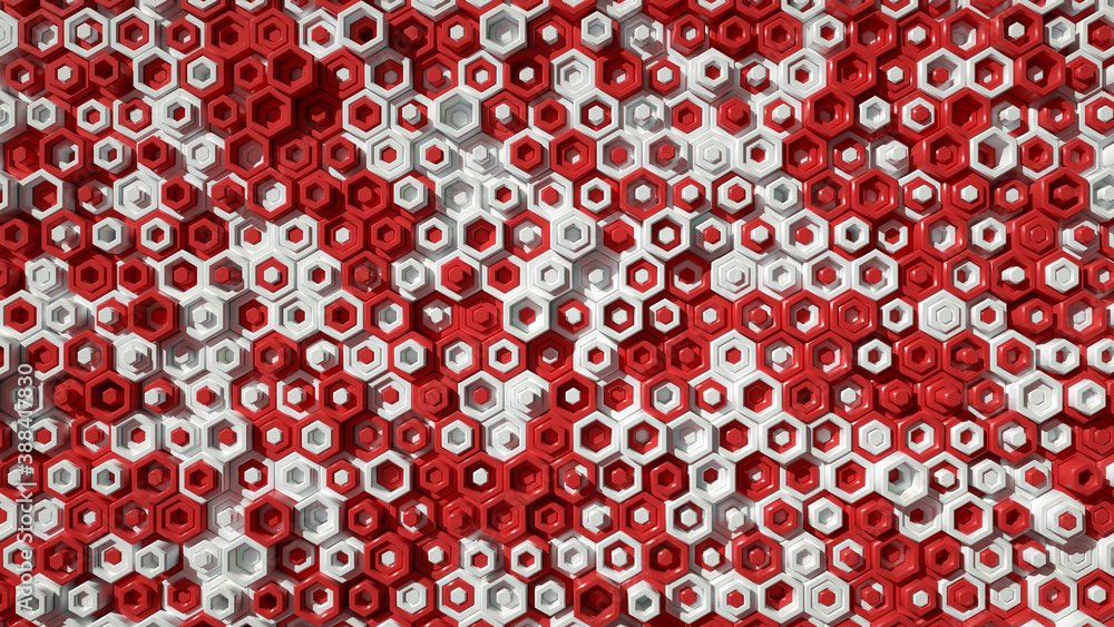 Poster abstract pattern of red hexagons 3d render illustration