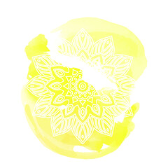 Round white mandala isolated on colorful background. Mandala on top of watercolor blotch. Beautiful pattern.