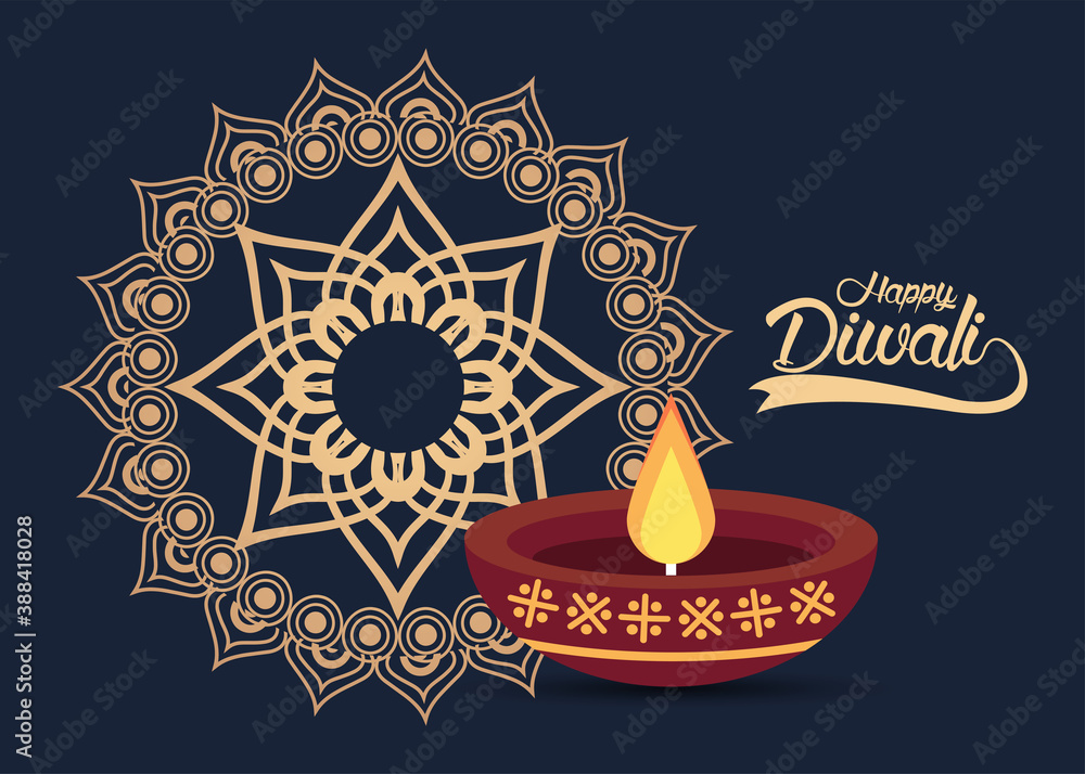 Wall mural happy diwali celebration with candle wooden and golden mandala