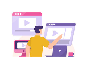 Fototapeta premium Video or film editor concept. illustration of a man editing or cutting a footage or frame on a screen. editor equipment, laptops and computer monitors. flat style. design elements