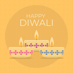 happy diwali day for hindu religion and india country. illustration of three traditional lamps or candles and an orange or yellow background. festival of light. design elements. greeting cards